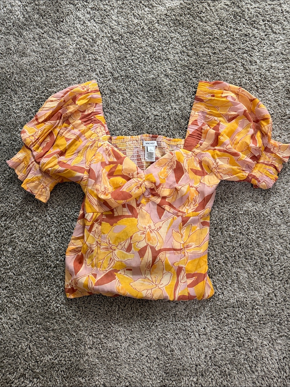 nine west Yellow Pink Floral Puff Sleeve Blouse